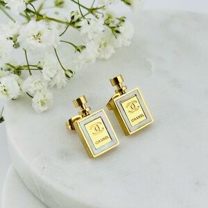 18K gold plated stainless steel perfume bottle earrings. Designer inspired.